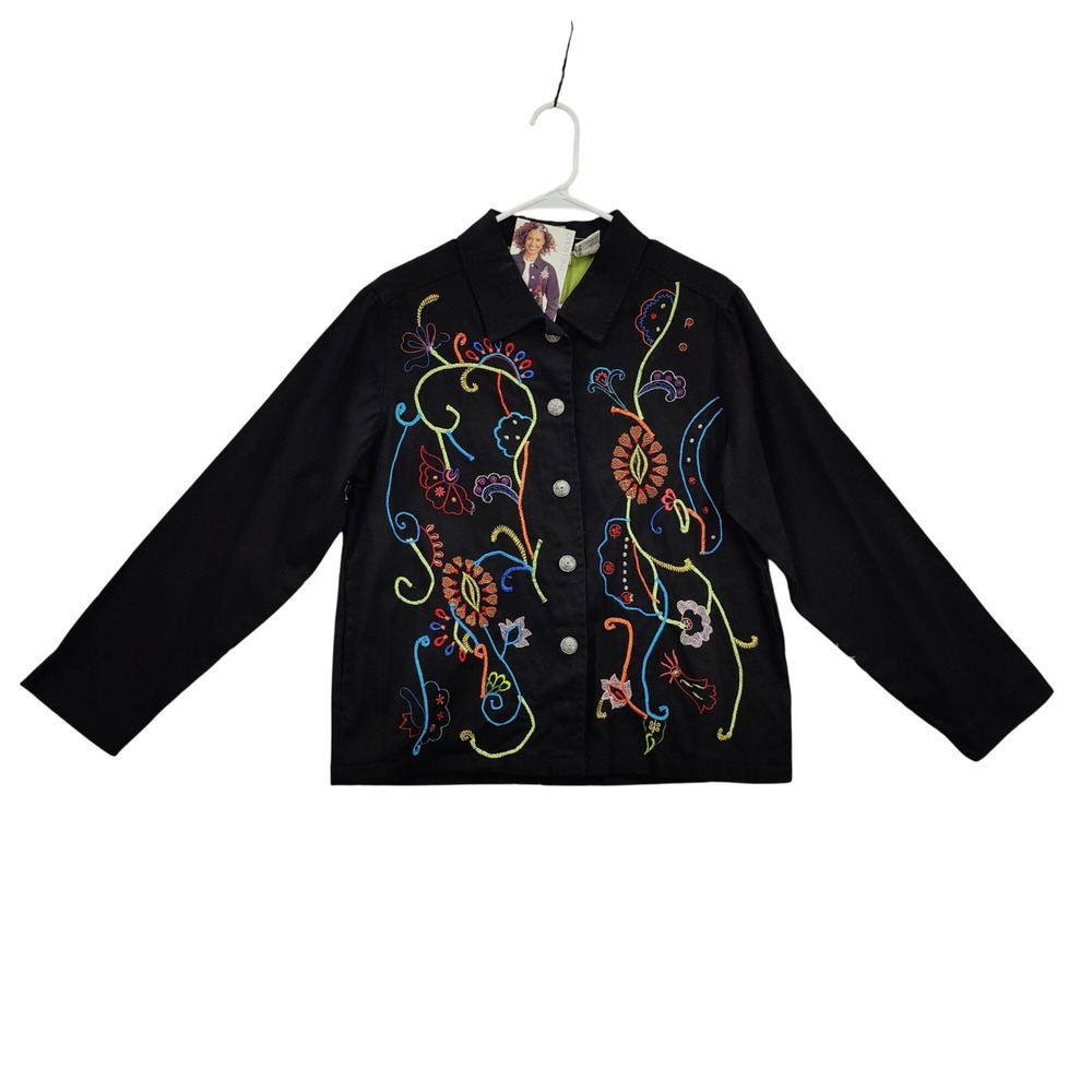 White Stag Womens Whimsy Artsy Cottagecore Jacket M Black Floral Embroidered NEW
